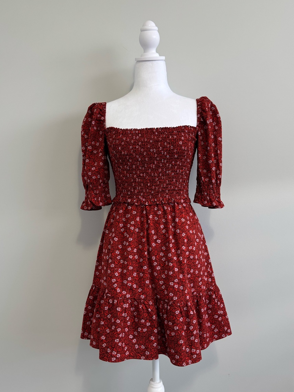Wilfred by Aritzia Smocked Bodice Square Neckline Summer Mini Dress Dark Red- XS
